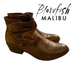 Blowfish Ruffle Ruched Cognac Brown Faux Leather Heeled Ankle Boots